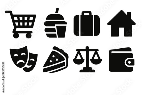 Bold Icon Set. Category Breakdown silhouette set: shopping cart, food icon, travel bag, home symbol, entertainment mask, pie slice, balance scale, wallet icon