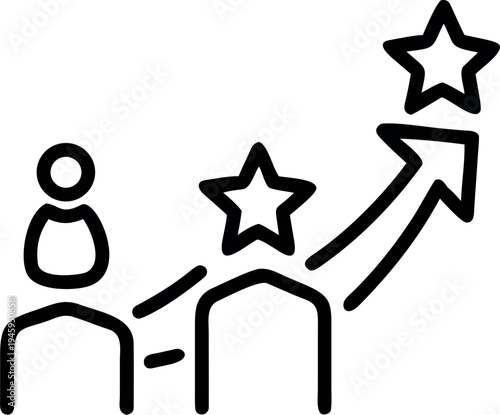 A person pointing to a star rating chart with an upward trend