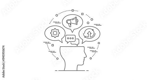 Human head silhouette contains floating thought bubbles illustrating concepts of communication, process management, and continuous improvement cycles.