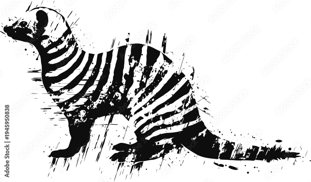 Obraz premium Abstract zebra striped ferret silhouette with grunge textured brush strokes