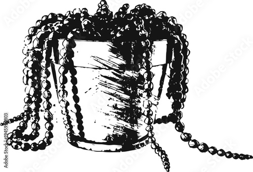 Black and white illustration of a wooden bucket overflowing with bead necklaces