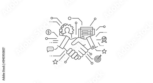 Two stylized hands engage in a firm handshake surrounded by digital interface elements symbolizing technological partnership, financial agreement, and goal achievement.