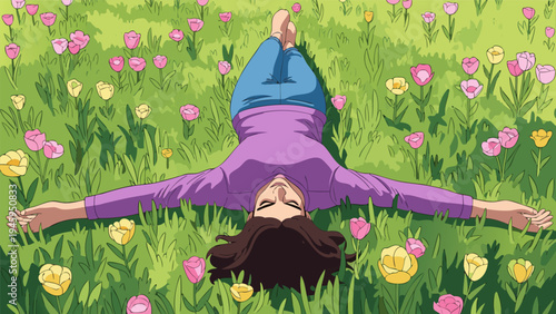 Relaxing woman lying down in a field of flowers vector illustration, enjoying nature and peaceful moment