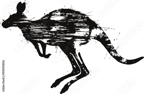 Abstract black kangaroo illustration with rough brush strokes and textured design