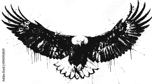 Black eagle silhouette with fully spread wings in detailed ink splash