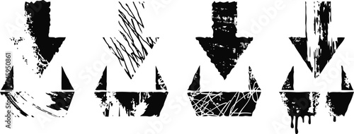 Grunge download arrows in various distressed styles isolated on white background