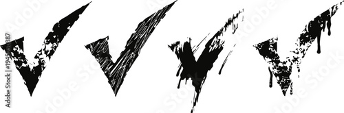 Grunge check marks set distressed ink tick symbols, rough brush stroke design for approval and verification concepts