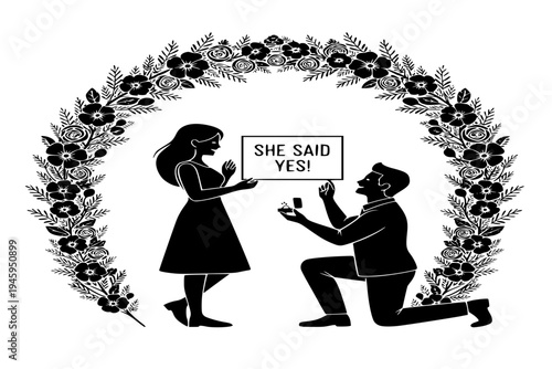 Couple Holding She Said Yes Sign Successful Proposal Engagement Milestone Black Vector Silhouette