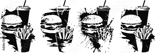 Classic fast food meal with burger, fries, and soda on a white background