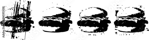 sequential black ink brushstrokes forming abstract shapes on white background