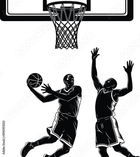 Basketball players silhouette, slam dunk action, defensive block illustration, hoop and net design, sports competition art, athletic game moment, dynamic scene