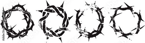 set of four black crown of thorns illustrations, circular twisted barbed wire designs