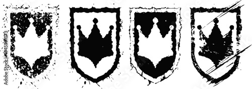 Grunge crown shields set with distressed vintage heraldic design in black and white