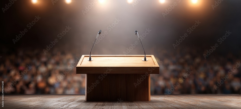 Obraz premium The Podium on Stage with Microphones and Spotlights in Conference Hall