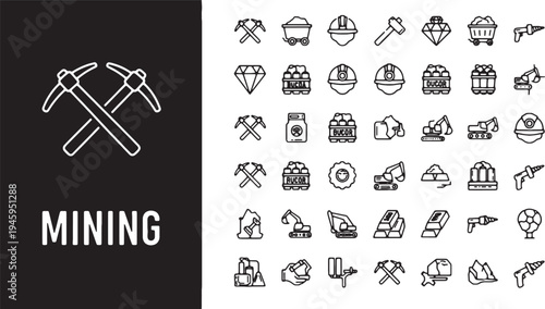 Mining icons set with tools equipment and symbols in black and white