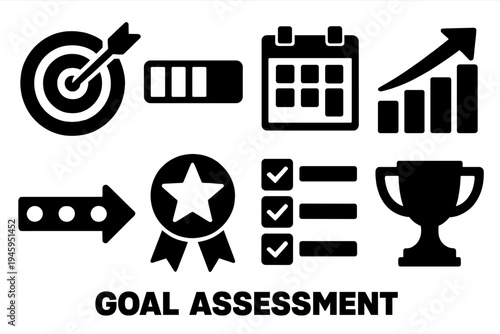 Bold Goal Icons. Goal Assessment silhouette set: target board, progress bar, calendar, growth chart, timeline arrow, success badge, task list, trophy