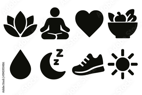 Holistic Health Icons. Holistic Health silhouette set: lotus flower, meditation pose, heart icon, nutrition bowl, water droplet, sleep moon, fitness shoe, sunshine symbol