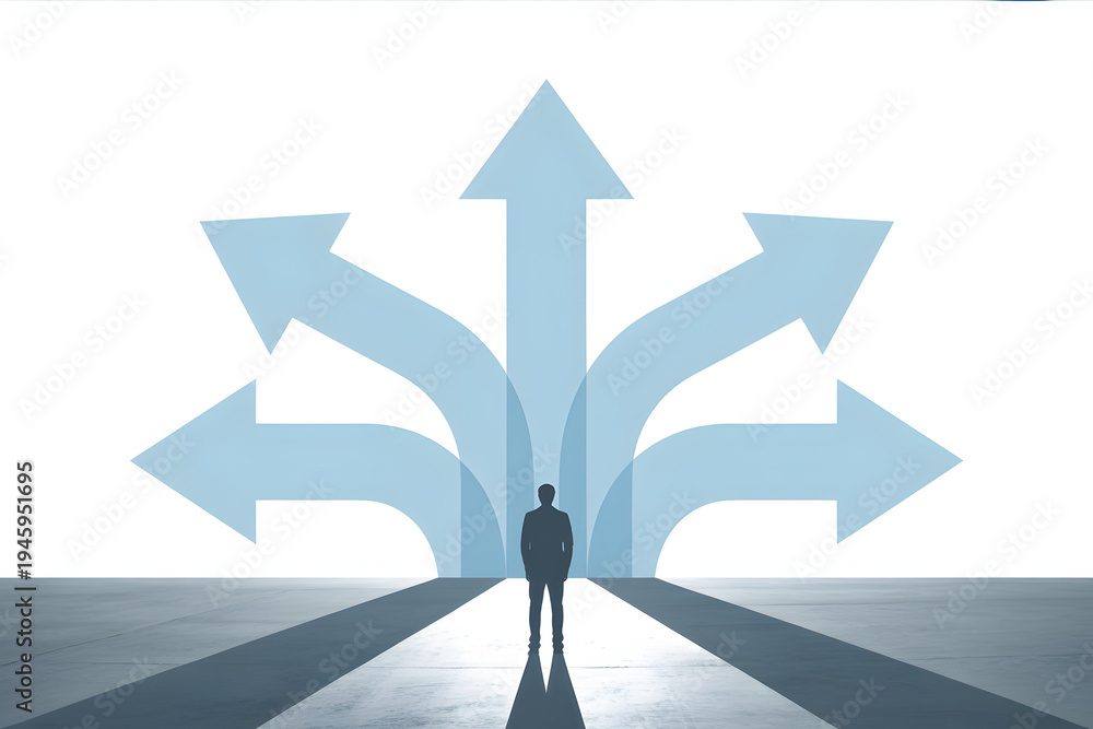 Fototapeta premium Person facing multiple diverging arrows and a central tall arrow — choice overload, strategic options and selecting a clear path concept