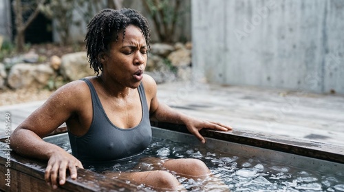 African American woman practicing breathing in a cold plunge ice bath.