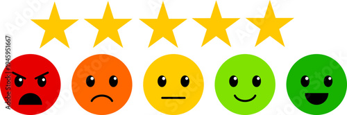 Five star rating feedback vector illustration. Customer product review icon, five stars evaluation symbol on transparent background.Customer experience or 5 star satisfaction rating flat vector icon