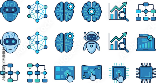 Artificial intelligence machine learning icon set with robot neural network brain data analytics process automation technology vector