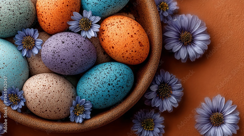Obraz premium A minimalist Easter still life featuring speckled eggs in a textured clay bowl. Vibrant tones of blue, yellow, and terracotta contrast against a modern, two-tone background for a rustic-chic vibe.