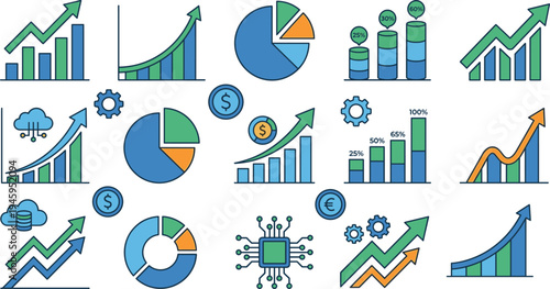 Business finance analytics chart icon set with growth graphs pie charts currency cloud data statistics investment technology vector