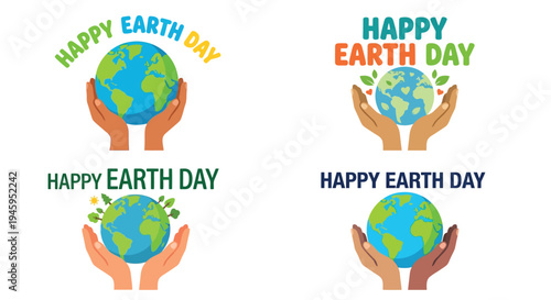 Happy earth day illustrations featuring hands cradling the planet