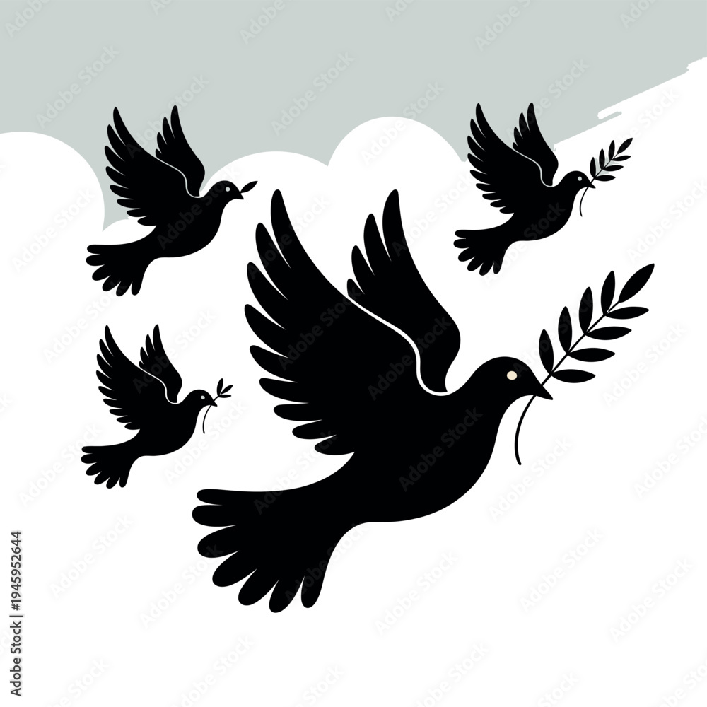 Obraz premium A group of black doves flying in the sky with olive branches