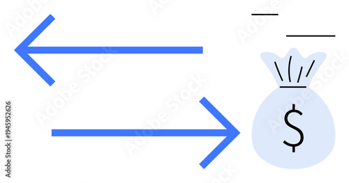 E-commerce, financial transactions, money management, budgeting, banking services, investment. Blue arrows pointing towards a money bag with a dollar sign. E-commerce and financial transactions