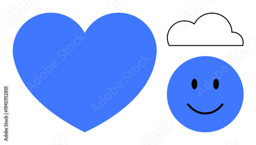 Love concept. Blue heart emotion and connection. Featured happy face and cloud enhance joy and creativity. Love inspires branding, design, emotions, wellness, and positivity