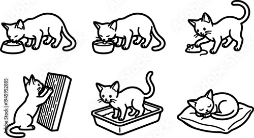 Black and white vector line art showing cats eating drinking playing scratching and sleeping on pillow in simple outline style