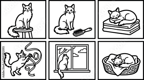 Black and white line art cat sitting on stool playing with ribbon sleeping on folded towels and in basket looking out window grooming with brush simple vector