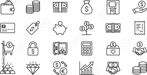 Simple set of icons made with lines. Icons related to money, finance. Contains various stylized images made in a simplified form, black color. Icons of money, bank, gold, profit, safe, piggy bank, etc