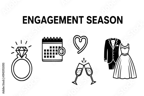 Engagement Icons Set Diamond Ring Heart Calendar Champagne Wedding Prep Black Vector Silhouette