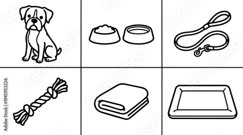 Minimalist line art vector set of dog pet accessories including leash food bowls rope toy folded blanket and pet bed isolated on white