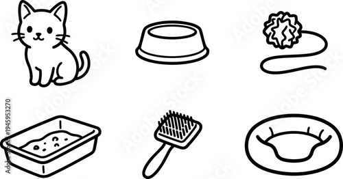 Minimalist black line icons set featuring cat pet animal bowl toy litter box brush and soft bed vector art style design