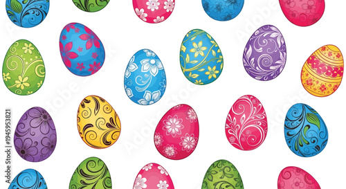 Colorful collection of brightly decorated vector Easter eggs featuring intricate floral and swirl patterns seamlessly repeating