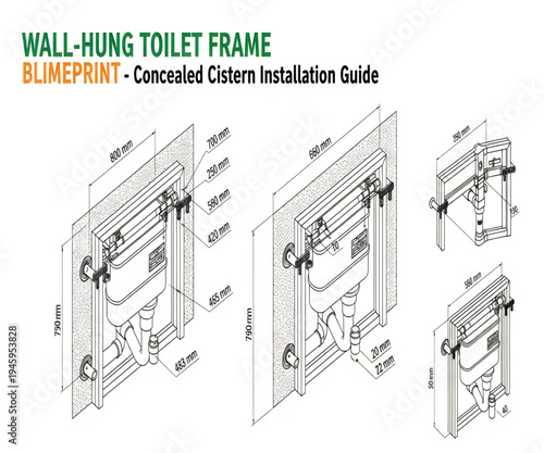 Toilet frame installation guide with concealed cistern and dimensions

