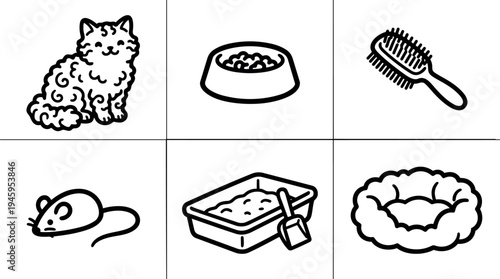 Minimalist line art icons of fluffy cat bowl brush mouse litter box and cozy pet bed set in simple black strokes