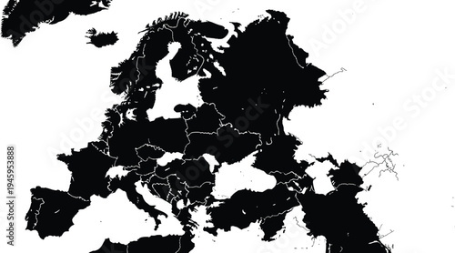 Black silhouette map of Europe with detailed country borders, showing international boundaries for geography, political science, education, and global travel