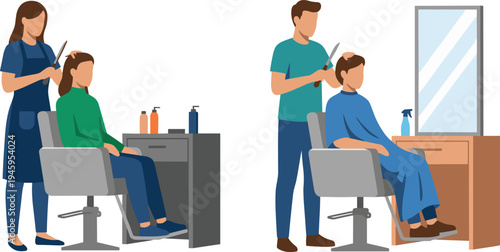 Hair salon haircut service illustration, barber and hairdresser cutting hair of clients in beauty salon chair with mirror, professional grooming vector