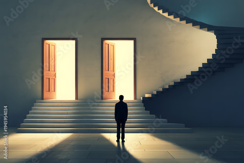 Person facing two open doors and illuminated staircase — choosing opportunity, career decisions and path to advancement concept