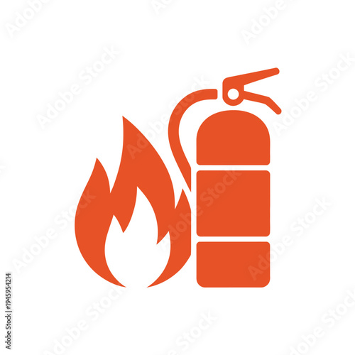 An orange fire extinguisher icon next to a flame graphic