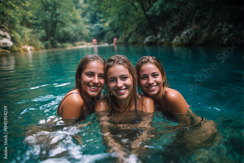Three beautiful young women smiling in crystal clear turquoise water during summer vacation