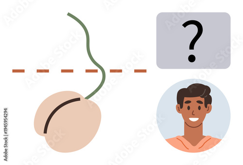 Vasectomy procedure, contraception, reproductive health, family planning, decision-making, education. Sperm with cut line, question mark and man avatar. Vasectomy and contraception concept