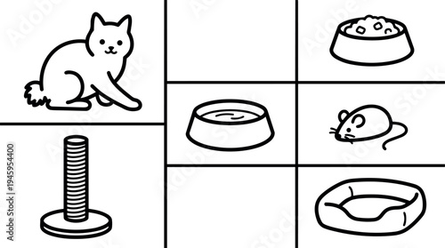 Minimalist line art cat sitting near scratching post food bowls mouse and pet bed icons in grid layout