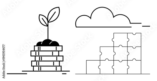 Growth concept. A plant sprouting from coins financial growth and sustainability. Puzzle blocks strategy and teamwork. For business strategy, finance, ecology, investments, partnerships