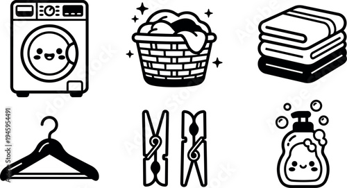 Cute black and white kawaii style washing machine laundry basket stacked towels clothes hanger clothespins and soap dispenser icons set