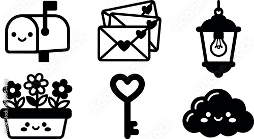 Cute smiling mailbox and heart shaped key with love envelopes happy smiling flower pot and smiling cloud vector icons set